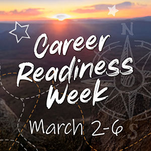 Event graphic displaying text communicating career readiness week with a compass-themed background.